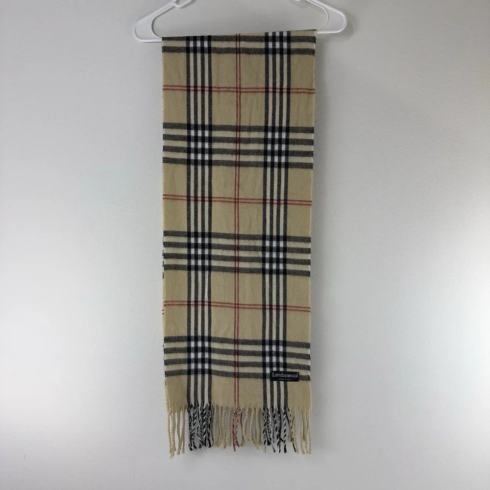 Women's Checked Lambswool Scarf Made in Italy – Beige Black Red Fringe